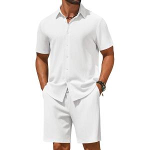 imageCOOFANDY Mens 2 Piece Outfit Casual Short Sleeve Button Down Shirt and Beach Shorts Set Summer Vacation Outfits for MenWhite