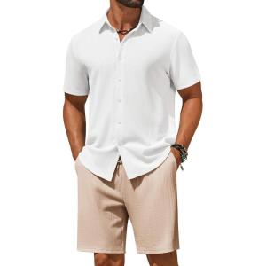 imageCOOFANDY Mens 2 Piece Outfit Casual Short Sleeve Button Down Shirt and Beach Shorts Set Summer Vacation Outfits for MenWhiteLight Khaki