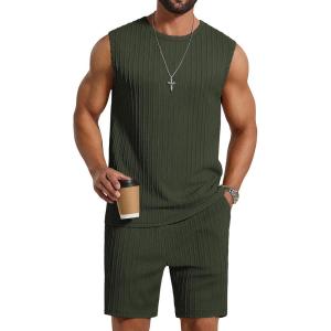 imageCOOFANDY Mens 2 Piece Outfits Beach Knit Jacquard Sleeveless Shirt and Shorts Sets Summer Athletic Vacation SetArmy Green