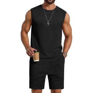 imageCOOFANDY Mens 2 Piece Outfits Beach Knit Jacquard Sleeveless Shirt and Shorts Sets Summer Athletic Vacation SetBlack