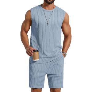 imageCOOFANDY Mens 2 Piece Outfits Beach Knit Jacquard Sleeveless Shirt and Shorts Sets Summer Athletic Vacation SetLight Blue