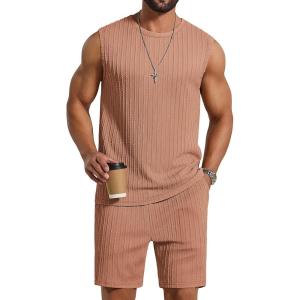 imageCOOFANDY Mens 2 Piece Outfits Beach Knit Jacquard Sleeveless Shirt and Shorts Sets Summer Athletic Vacation SetLight Khaki