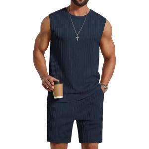 imageCOOFANDY Mens 2 Piece Outfits Beach Knit Jacquard Sleeveless Shirt and Shorts Sets Summer Athletic Vacation SetNavy Blue