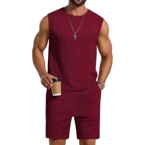imageCOOFANDY Mens 2 Piece Outfits Beach Knit Jacquard Sleeveless Shirt and Shorts Sets Summer Athletic Vacation SetWine Red