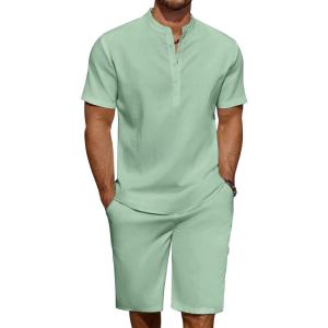 imageCOOFANDY Mens 2 Pieces Linen Set Casual Henley Shirts Short Sleeve Beach Yoga Shorts Summer Pants OutfitsIce Green