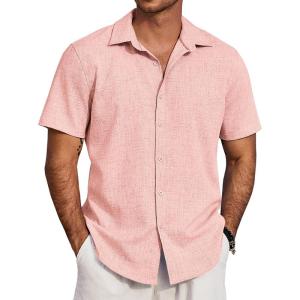 imageCOOFANDY Mens Beach Summer Shirts Linen Texture Shirts Short Sleeve Casual Button Down ShirtLight Pink