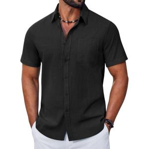 imageCOOFANDY Mens Button Down Shirt Short Sleeve Casual Stylish Cotton Shirts Linen Textured Summer Beach Wedding ShirtBlack