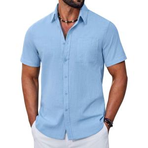 imageCOOFANDY Mens Button Down Shirt Short Sleeve Casual Stylish Cotton Shirts Linen Textured Summer Beach Wedding ShirtBlue