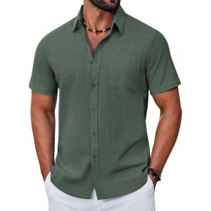 imageCOOFANDY Mens Button Down Shirt Short Sleeve Casual Stylish Cotton Shirts Linen Textured Summer Beach Wedding ShirtDeep Green