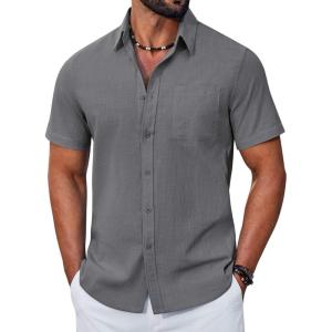 imageCOOFANDY Mens Button Down Shirt Short Sleeve Casual Stylish Cotton Shirts Linen Textured Summer Beach Wedding ShirtDeep Grey