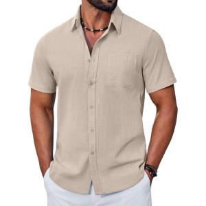imageCOOFANDY Mens Button Down Shirt Short Sleeve Casual Stylish Cotton Shirts Linen Textured Summer Beach Wedding ShirtKhaki