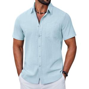 imageCOOFANDY Mens Button Down Shirt Short Sleeve Casual Stylish Cotton Shirts Linen Textured Summer Beach Wedding ShirtLight Blue