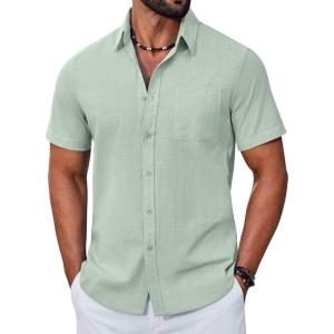 imageCOOFANDY Mens Button Down Shirt Short Sleeve Casual Stylish Cotton Shirts Linen Textured Summer Beach Wedding ShirtLight Green