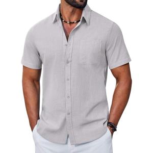 imageCOOFANDY Mens Button Down Shirt Short Sleeve Casual Stylish Cotton Shirts Linen Textured Summer Beach Wedding ShirtLight Grey