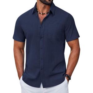 imageCOOFANDY Mens Button Down Shirt Short Sleeve Casual Stylish Cotton Shirts Linen Textured Summer Beach Wedding ShirtMidnight Blue
