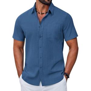 imageCOOFANDY Mens Button Down Shirt Short Sleeve Casual Stylish Cotton Shirts Linen Textured Summer Beach Wedding ShirtNavy Blue