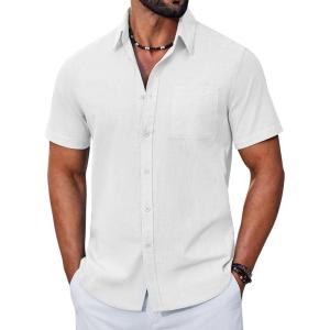 imageCOOFANDY Mens Button Down Shirt Short Sleeve Casual Stylish Cotton Shirts Linen Textured Summer Beach Wedding ShirtWhite