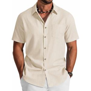 imageCOOFANDY Mens Button Down Short Sleeve Shirt Cotton Casual Summer Shirts Textured Beach Vacation Shirts for MenBeige