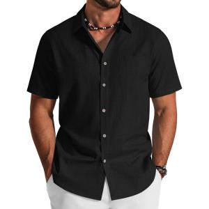 imageCOOFANDY Mens Button Down Short Sleeve Shirt Cotton Casual Summer Shirts Textured Beach Vacation Shirts for MenBlack