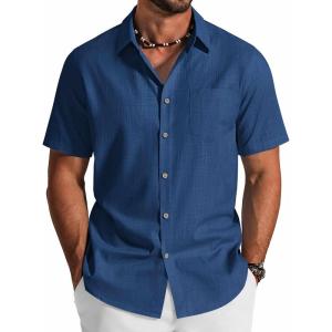 imageCOOFANDY Mens Button Down Short Sleeve Shirt Cotton Casual Summer Shirts Textured Beach Vacation Shirts for MenDenim Blue