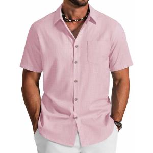 imageCOOFANDY Mens Button Down Short Sleeve Shirt Cotton Casual Summer Shirts Textured Beach Vacation Shirts for MenIcy Pink