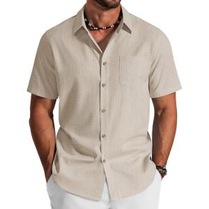 imageCOOFANDY Mens Button Down Short Sleeve Shirt Cotton Casual Summer Shirts Textured Beach Vacation Shirts for MenKhaki