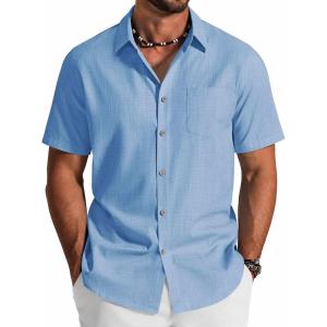 imageCOOFANDY Mens Button Down Short Sleeve Shirt Cotton Casual Summer Shirts Textured Beach Vacation Shirts for MenLight Blue
