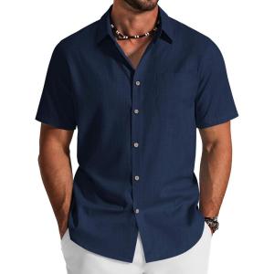 imageCOOFANDY Mens Button Down Short Sleeve Shirt Cotton Casual Summer Shirts Textured Beach Vacation Shirts for MenNavy Blue