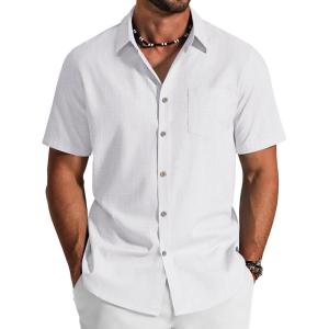imageCOOFANDY Mens Button Down Short Sleeve Shirt Cotton Casual Summer Shirts Textured Beach Vacation Shirts for MenWhite