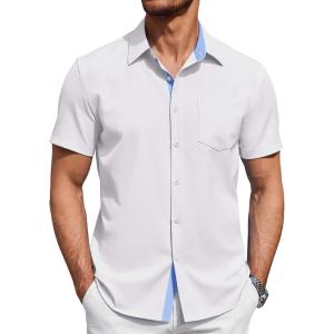 imageCOOFANDY Mens Button Up Shirts Short Sleeve Shirts for Men Casual Stylish Summer Shirts with Pocket WhiteLight Blue Large
