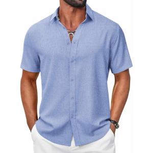 imageCOOFANDY Mens Casual Button Down Shirt Short Sleeve Summer Shirt for Beach Vacation Resort WearLight Blue