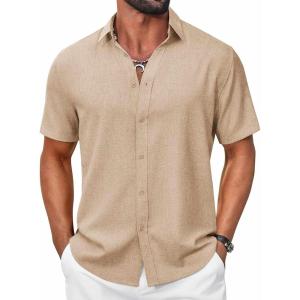 imageCOOFANDY Mens Casual Button Down Shirt Short Sleeve Summer Shirt for Beach Vacation Resort WearLight Khaki
