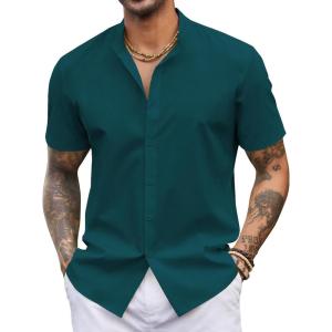 imageCOOFANDY Mens Casual Button Down Short Sleeve Shirt Band Collar Shirts Textured Beach Summer Shirt