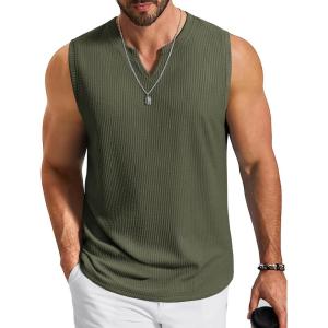 imageCOOFANDY Mens Casual Tank Top V Neck Knit Jacquard Sleeveless T Shirts Lightweight Summer Beach Textured TankArmy Green