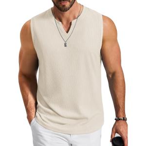 imageCOOFANDY Mens Casual Tank Top V Neck Knit Jacquard Sleeveless T Shirts Lightweight Summer Beach Textured TankBeige
