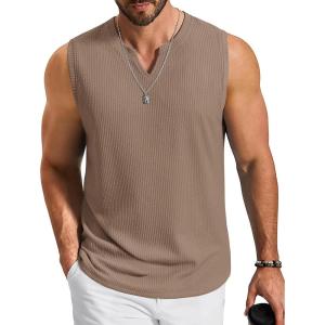 imageCOOFANDY Mens Casual Tank Top V Neck Knit Jacquard Sleeveless T Shirts Lightweight Summer Beach Textured TankKhaki