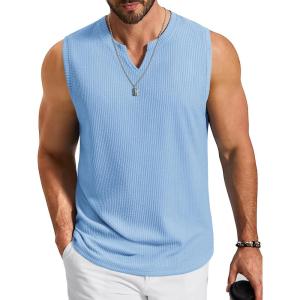 imageCOOFANDY Mens Casual Tank Top V Neck Knit Jacquard Sleeveless T Shirts Lightweight Summer Beach Textured TankLight Blue