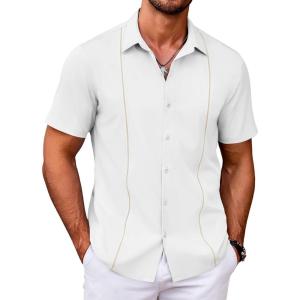 imageCOOFANDY Mens Cuban Guayabera Shirt Short Sleeve Button Down Shirts Casual Summer Beach Shirts
