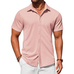 imageCOOFANDY Mens Dress Shirts Button Down Short Sleeve Shirt Summer Shirts Casual Wrinkle Free Muscle Fit ShirtsPink