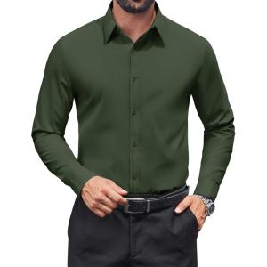 imageCOOFANDY Mens Dress Shirts Long Sleeve Stain Shield Button Down Shirt Regular Fit Formal Business Wedding ShirtsArmy Green