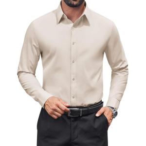 imageCOOFANDY Mens Dress Shirts Long Sleeve Stain Shield Button Down Shirt Regular Fit Formal Business Wedding ShirtsBeige