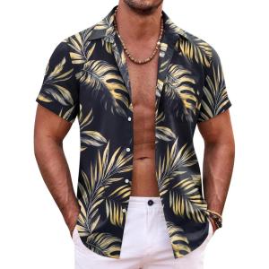 imageCOOFANDY Mens Hawaiian Shirt Short Sleeve Button Down Shirts Tropical Summer Beach Shirts Casual Floral Aloha ShirtsBlack Golden Leaves