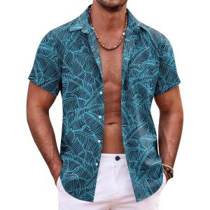 imageCOOFANDY Mens Hawaiian Shirt Short Sleeve Button Down Shirts Tropical Summer Beach Shirts Casual Floral Aloha ShirtsGreen Black Leaves