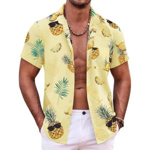 imageCOOFANDY Mens Hawaiian Shirt Short Sleeve Button Down Shirts Tropical Summer Beach Shirts Casual Floral Aloha ShirtsLight Yellow Pineapple