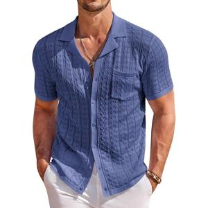 imageCOOFANDY Mens Knit Button Down Shirt Short Sleeve Vintage Polo Shirts Summer Casual Beach TopsDeep Blue