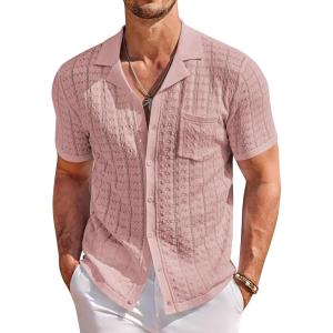 imageCOOFANDY Mens Knit Button Down Shirt Short Sleeve Vintage Polo Shirts Summer Casual Beach TopsDusty Pink
