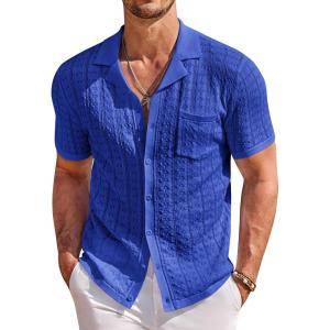 imageCOOFANDY Mens Knit Button Down Shirt Short Sleeve Vintage Polo Shirts Summer Casual Beach TopsSky Blue