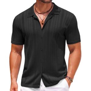 imageCOOFANDY Mens Knit Button Down Shirts Crochet Polo Shirts Vintage Short Sleeve Textured Shirts Summer Beach TopsBlack