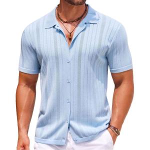 imageCOOFANDY Mens Knit Button Down Shirts Crochet Polo Shirts Vintage Short Sleeve Textured Shirts Summer Beach TopsLight Blue