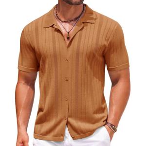 imageCOOFANDY Mens Knit Button Down Shirts Crochet Polo Shirts Vintage Short Sleeve Textured Shirts Summer Beach TopsLight Brown